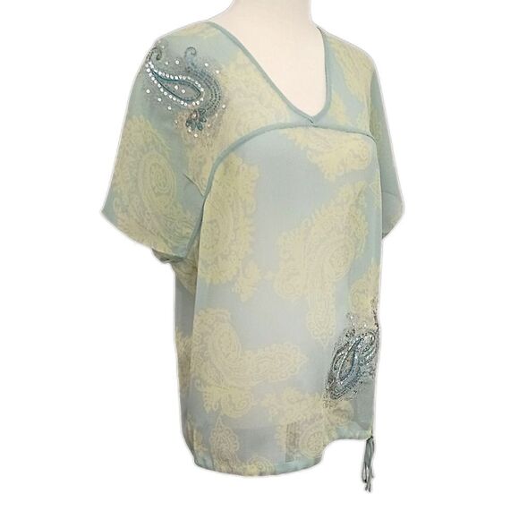 Y2K Paisley Silk Boxy Fit Blouse M Sheer Pastels Coquette Romantic Drawstring - Picture 3 of 16